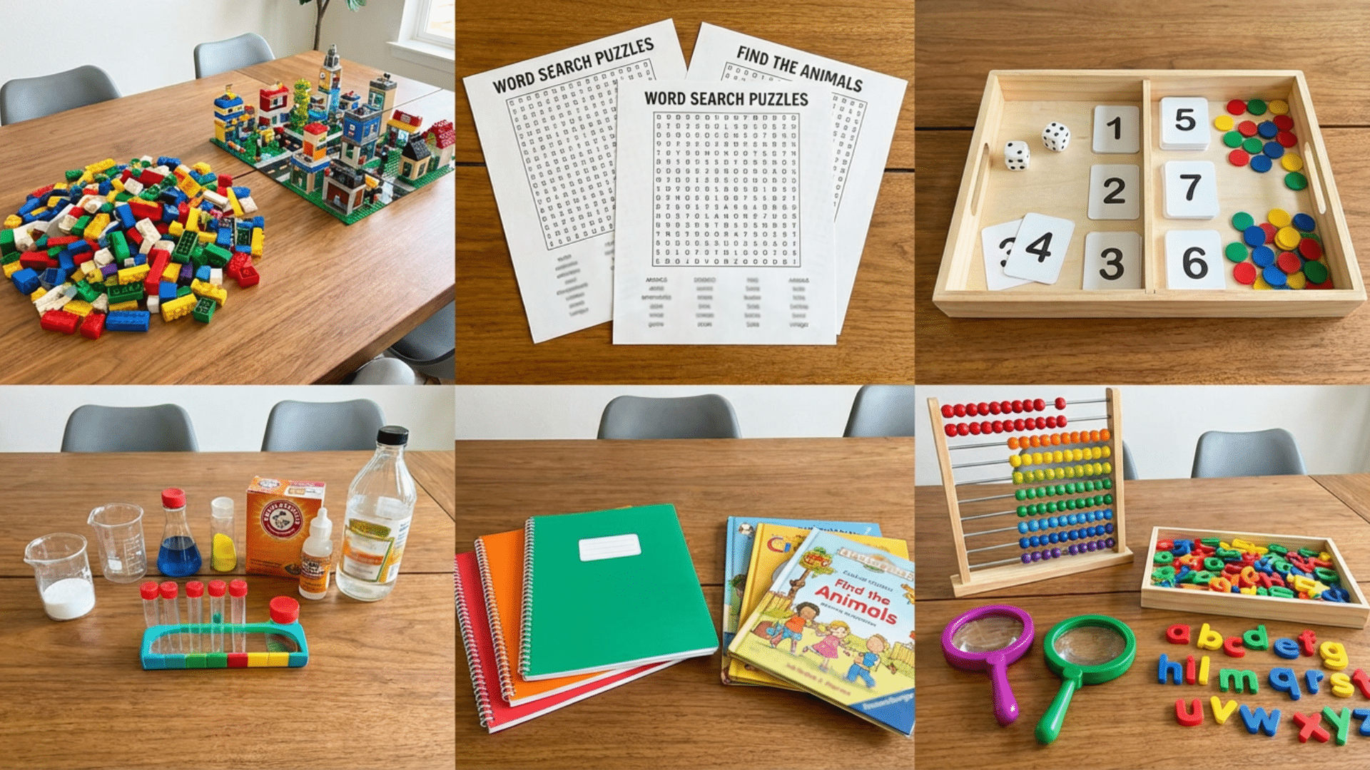 Educational kids activities including puzzles, LEGO blocks, dice math games, and science experiment materials