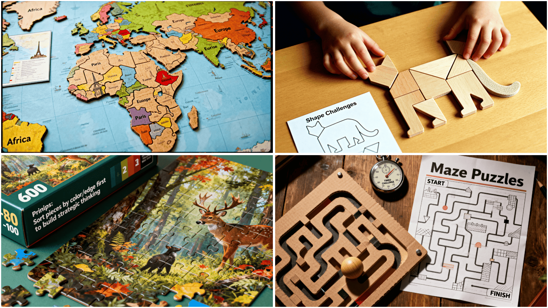Educational puzzle collage featuring a wooden world map, tangram animal challenge, forest jigsaw puzzle, and maze board game for kids.