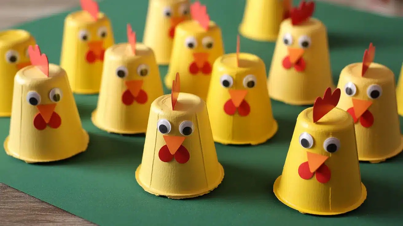 Egg carton chicken crafts painted yellow with paper beaks, red combs, and googly eyes on a green mat