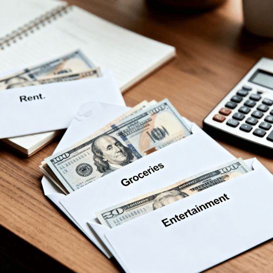 Envelope budgeting system with labeled cash envelopes for rent, groceries, and entertainment, calculator, notebook, and pen on desk