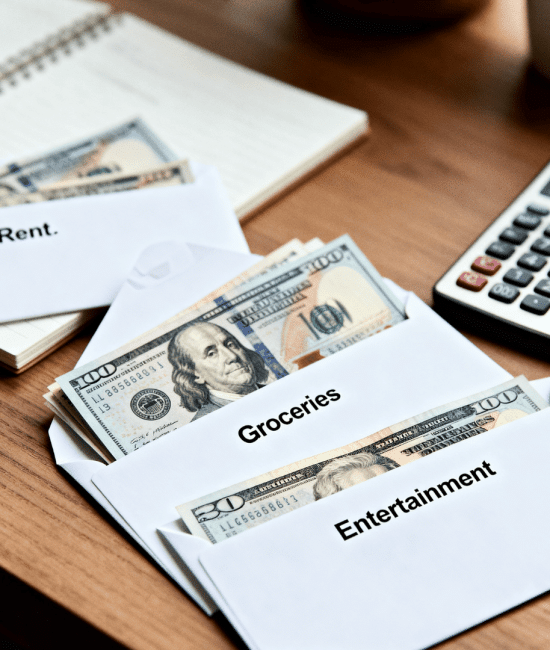 Envelope budgeting system with labeled cash envelopes for rent, groceries, and entertainment, calculator, notebook, and pen on desk