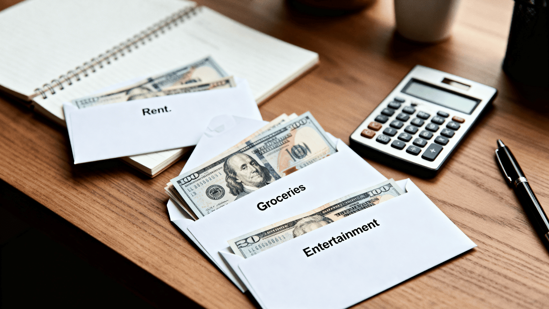 Envelope budgeting system with labeled cash envelopes for rent, groceries, and entertainment, calculator, notebook, and pen on desk