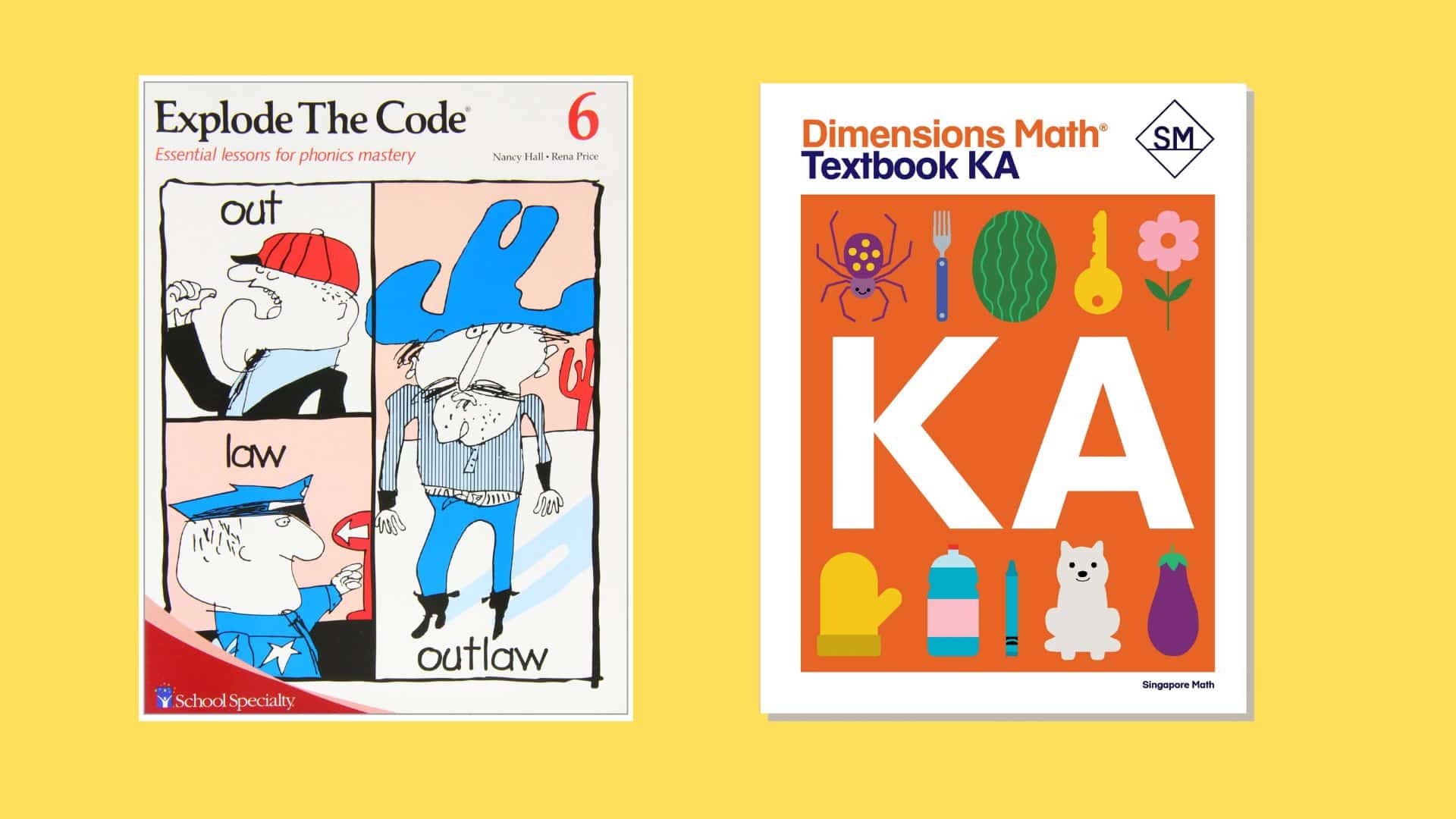 Explode the Code phonics book and Singapore Math Dimensions KA workbook used in a kindergarten homeschool curriculum for early reading and math skills