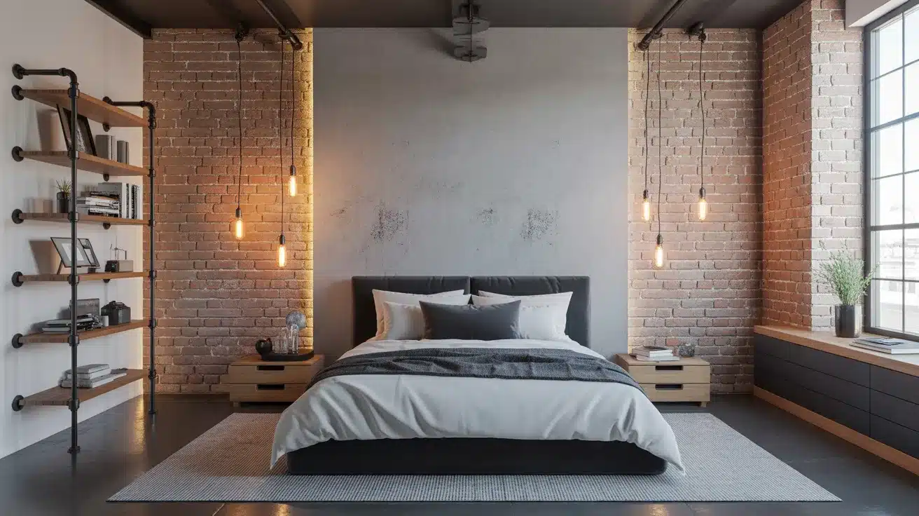 Exposed brick, metal pipe shelving, and Edison bulb lighting forming a bold and urban industrial aesthetic room idea