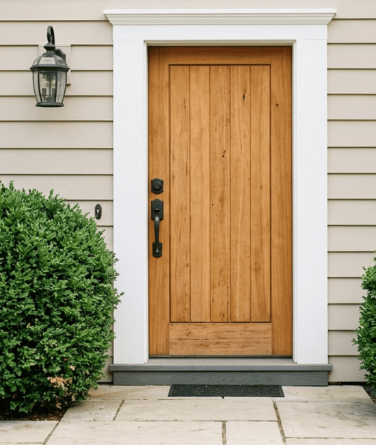 Exterior view of a beige siding home entrance featuring a natural wood door framed in white trim.
