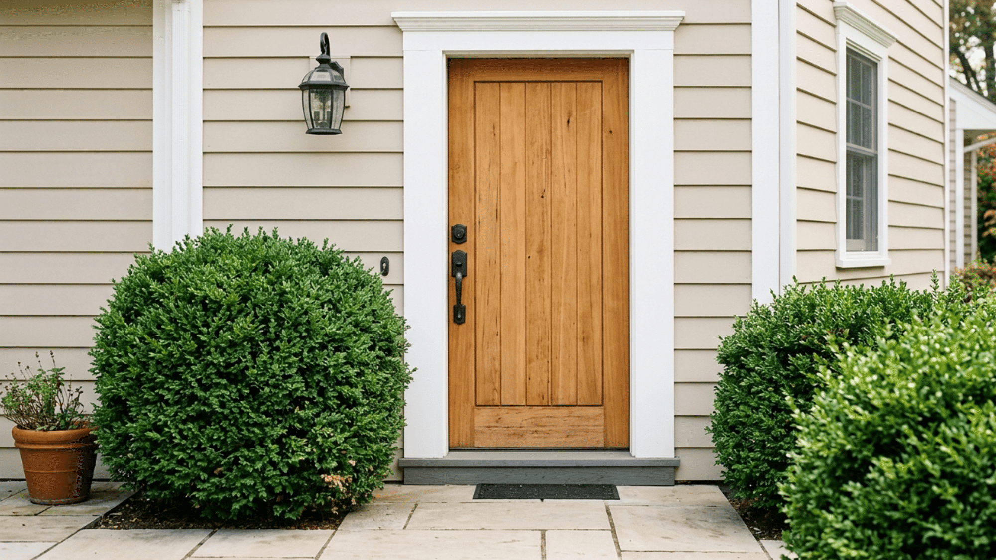 Exterior view of a beige siding home entrance featuring a natural wood door framed in white trim.