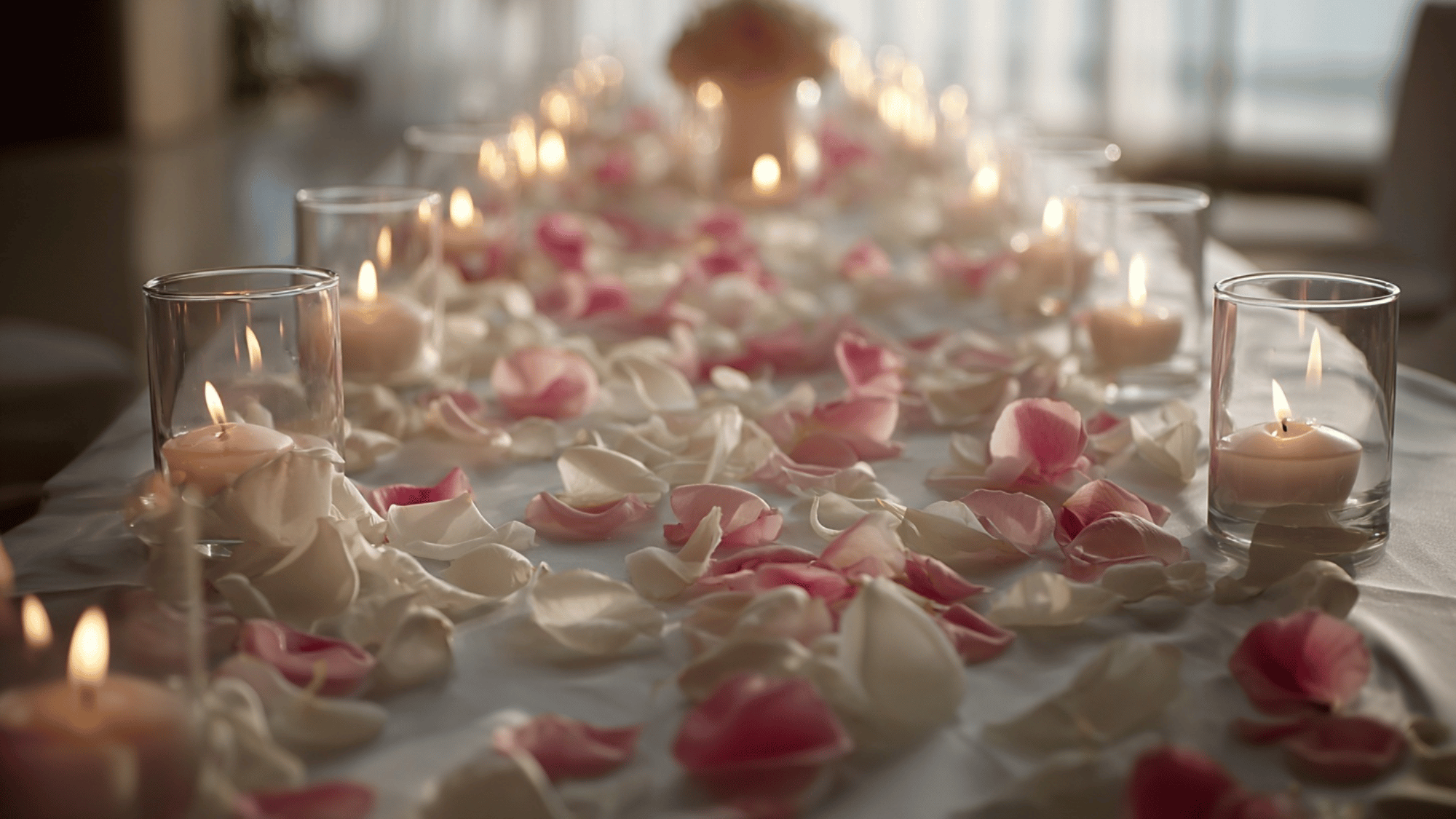 Fabric runner with candles and petals on table