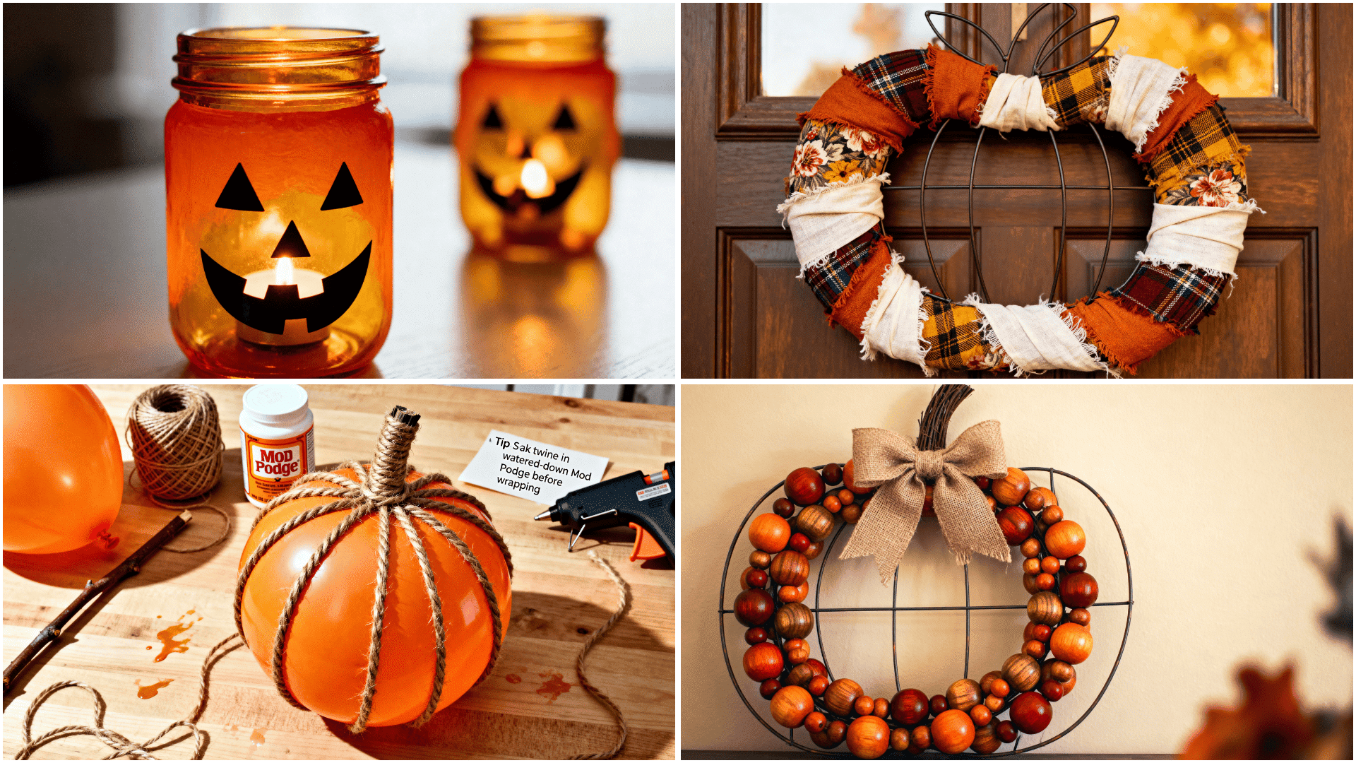 Fall pumpkin craft collage showing glowing mason jar pumpkin luminary, fabric-wrapped pumpkin wreath, balloon twine pumpkin craft, and wooden bead pumpkin wreath.