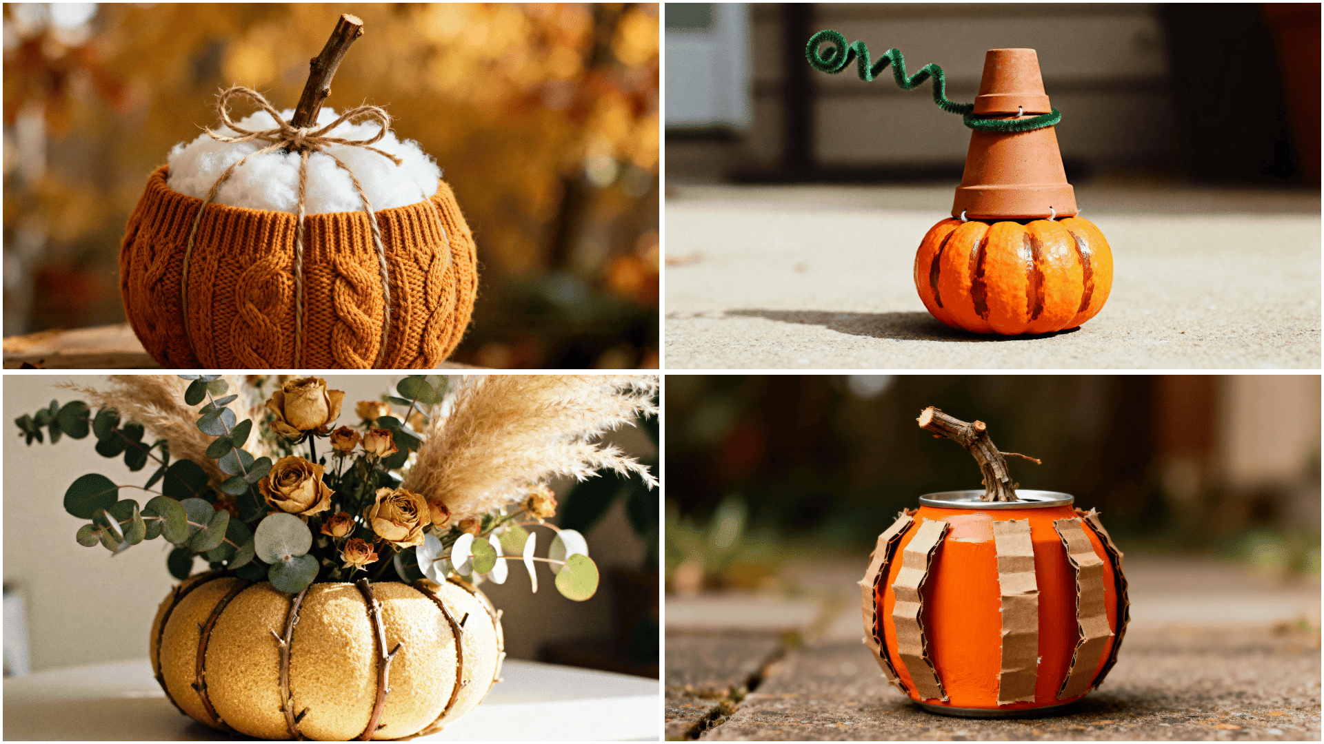 Fall pumpkin craft collage showing sweater pumpkin, mini clay pot pumpkin, floral foam pumpkin centerpiece, and recycled coffee can pumpkin craft.