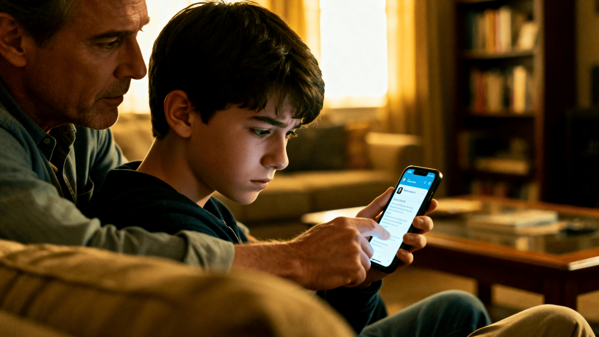 Father looks over teen’s shoulder at smartphone, pointing at screen while they sit together on a couch in a warmly lit living room