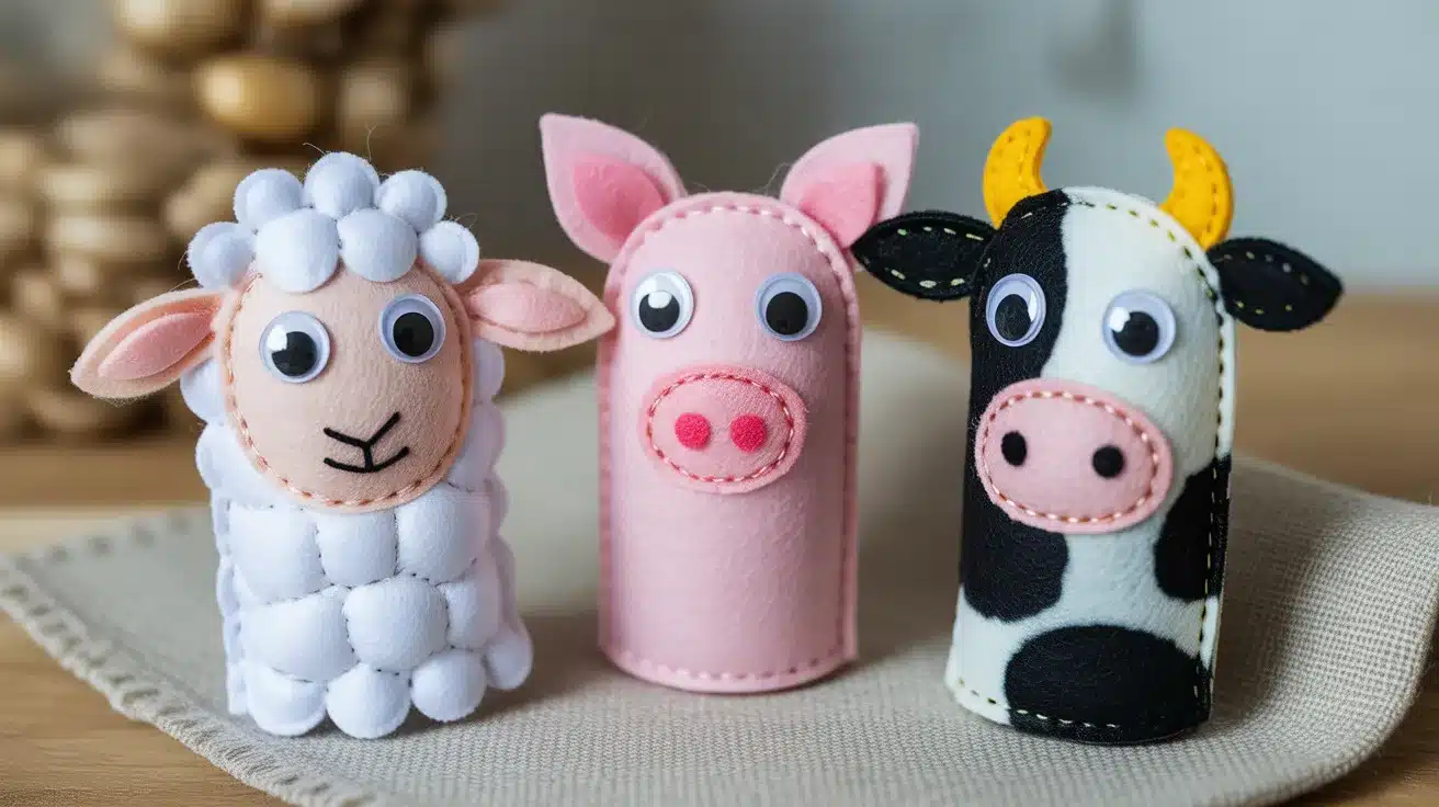 Felt finger puppets of a sheep, pig, and cow with stitched details displayed on a light linen cloth