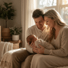 First-time parents holding their newborn baby at home in a softly lit bedroom