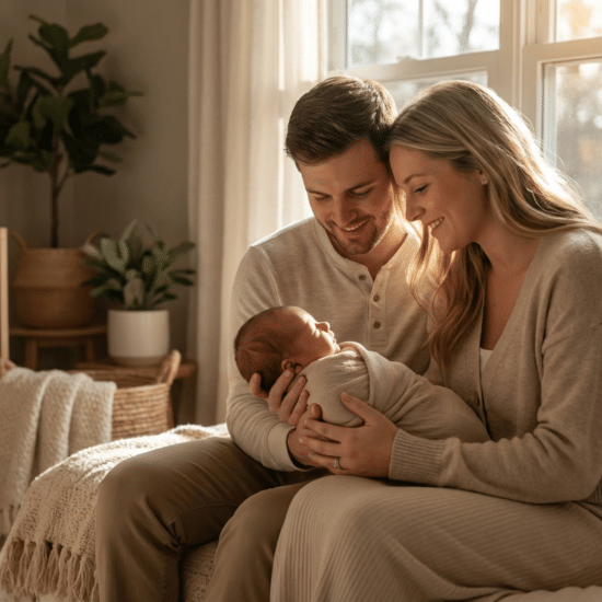 First-time parents holding their newborn baby at home in a softly lit bedroom