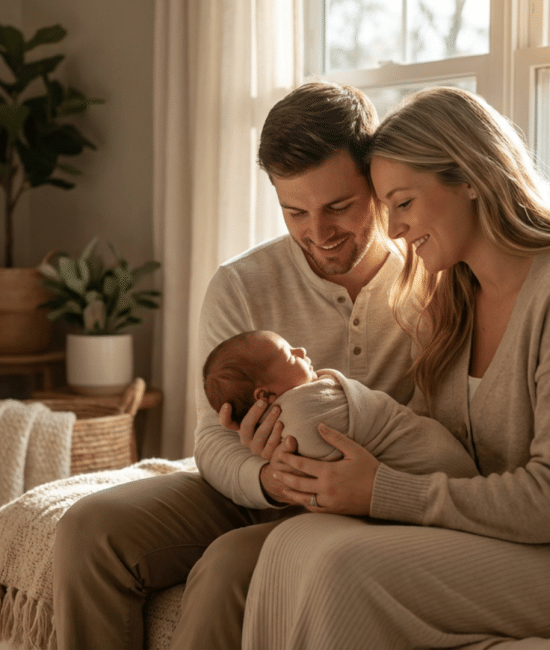 First-time parents holding their newborn baby at home in a softly lit bedroom