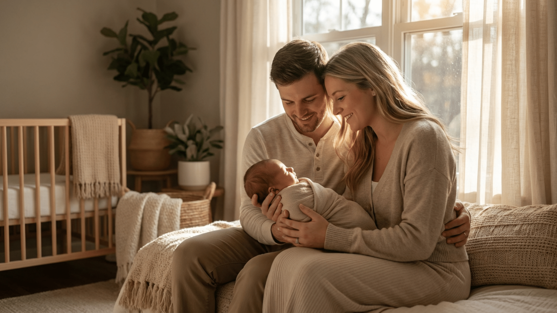 First-time parents holding their newborn baby at home in a softly lit bedroom