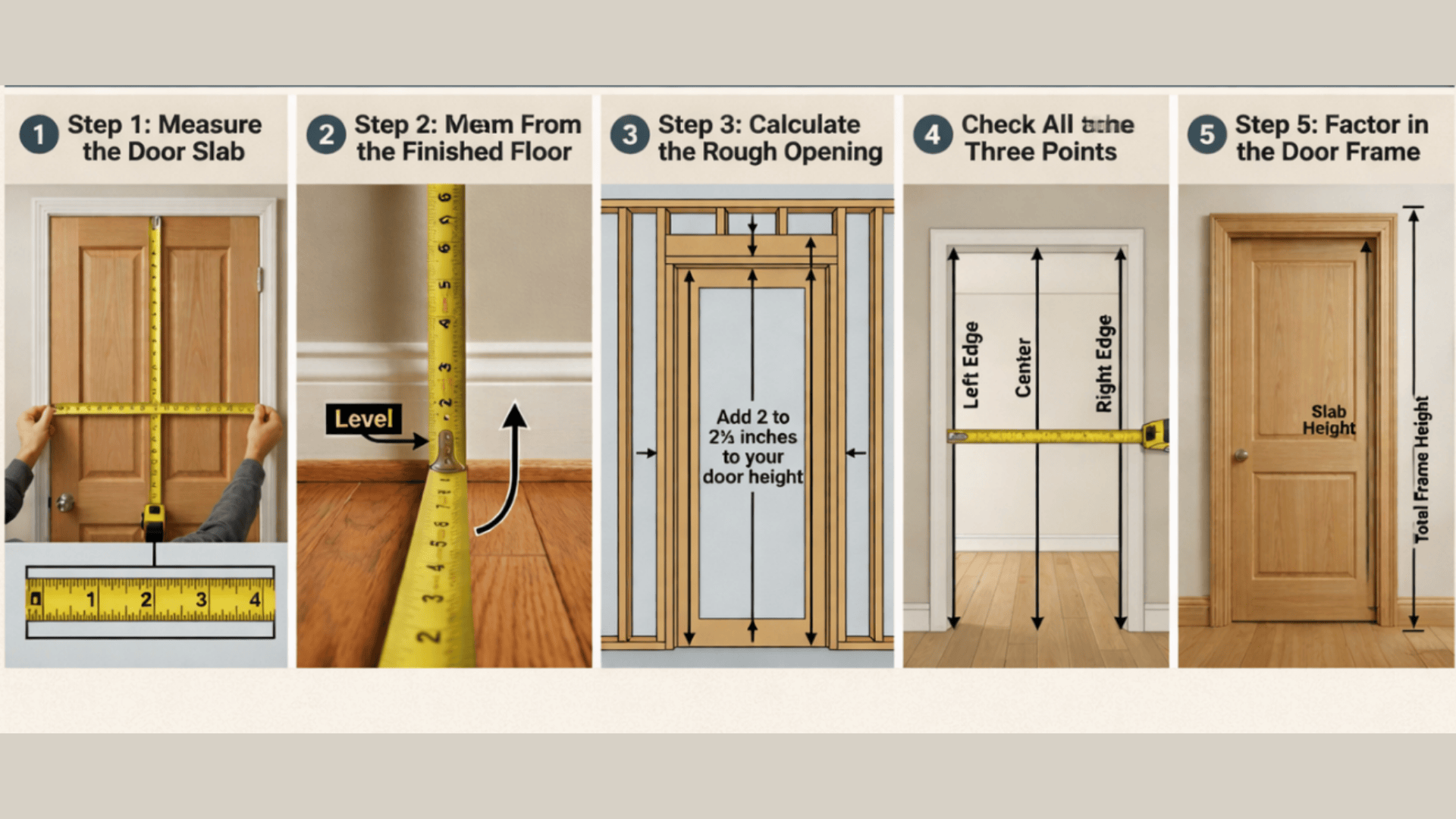 Five-step guide showing how to measure a door and rough opening, including slab size, floor level, width points, and frame height measurements