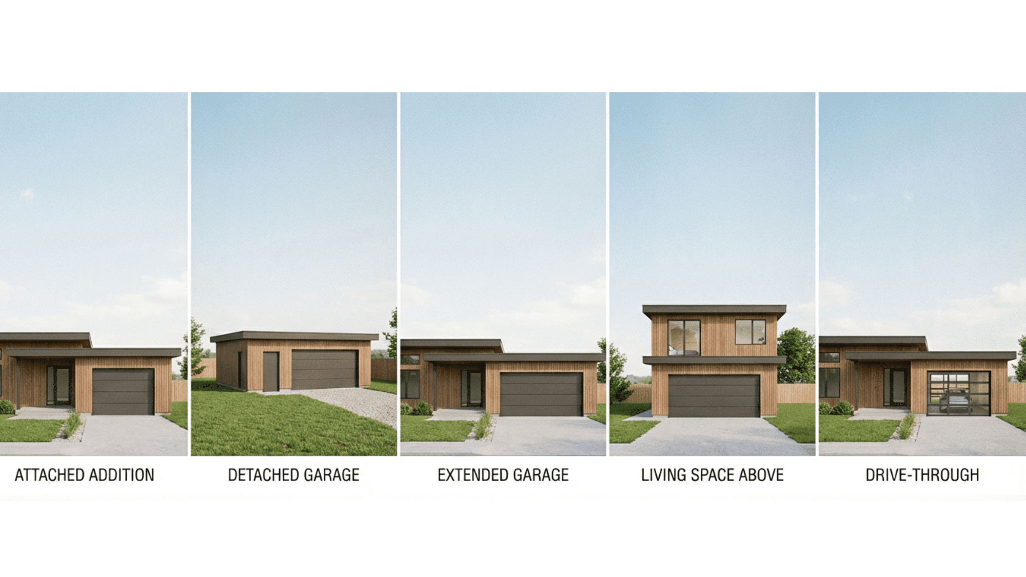 Five variations of a modern wood-clad home showcasing garage additions.