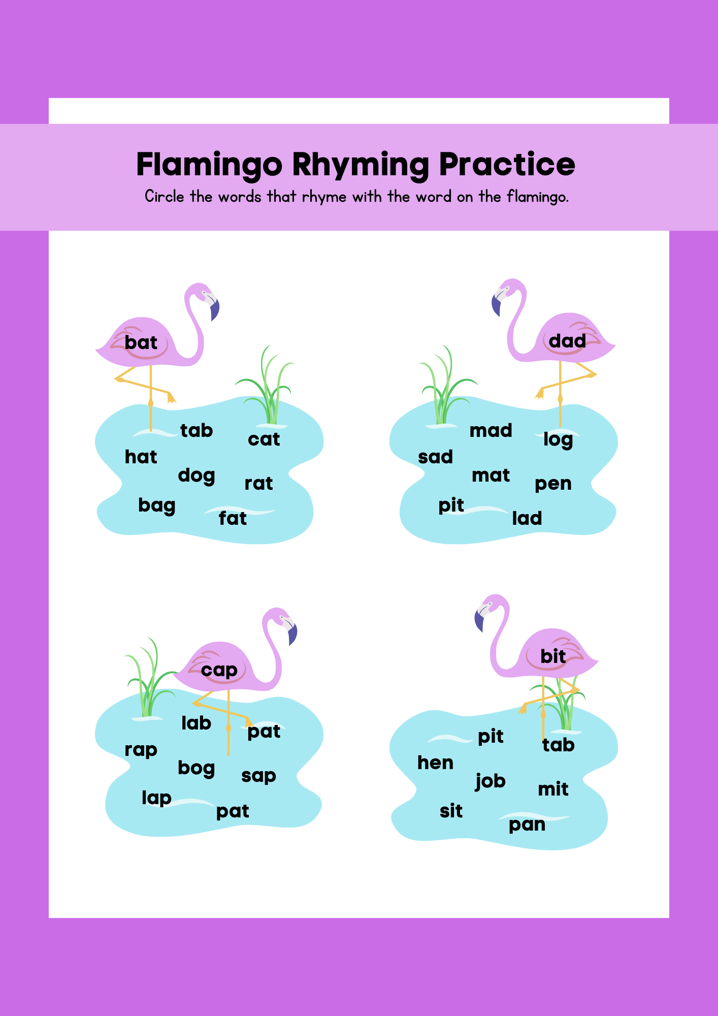 Flamingo Rhyming Words Circle Worksheet