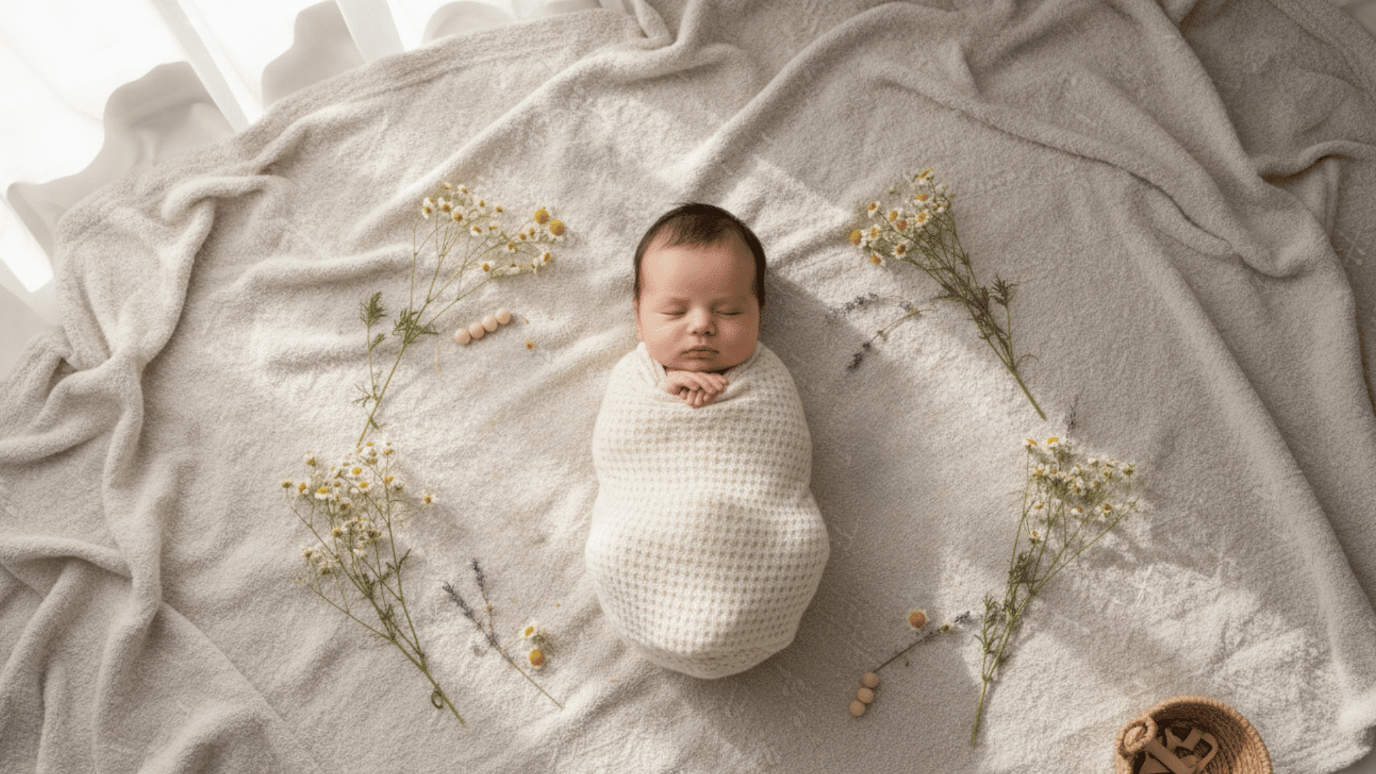 Flat lay baby milestone photo with flowers around.