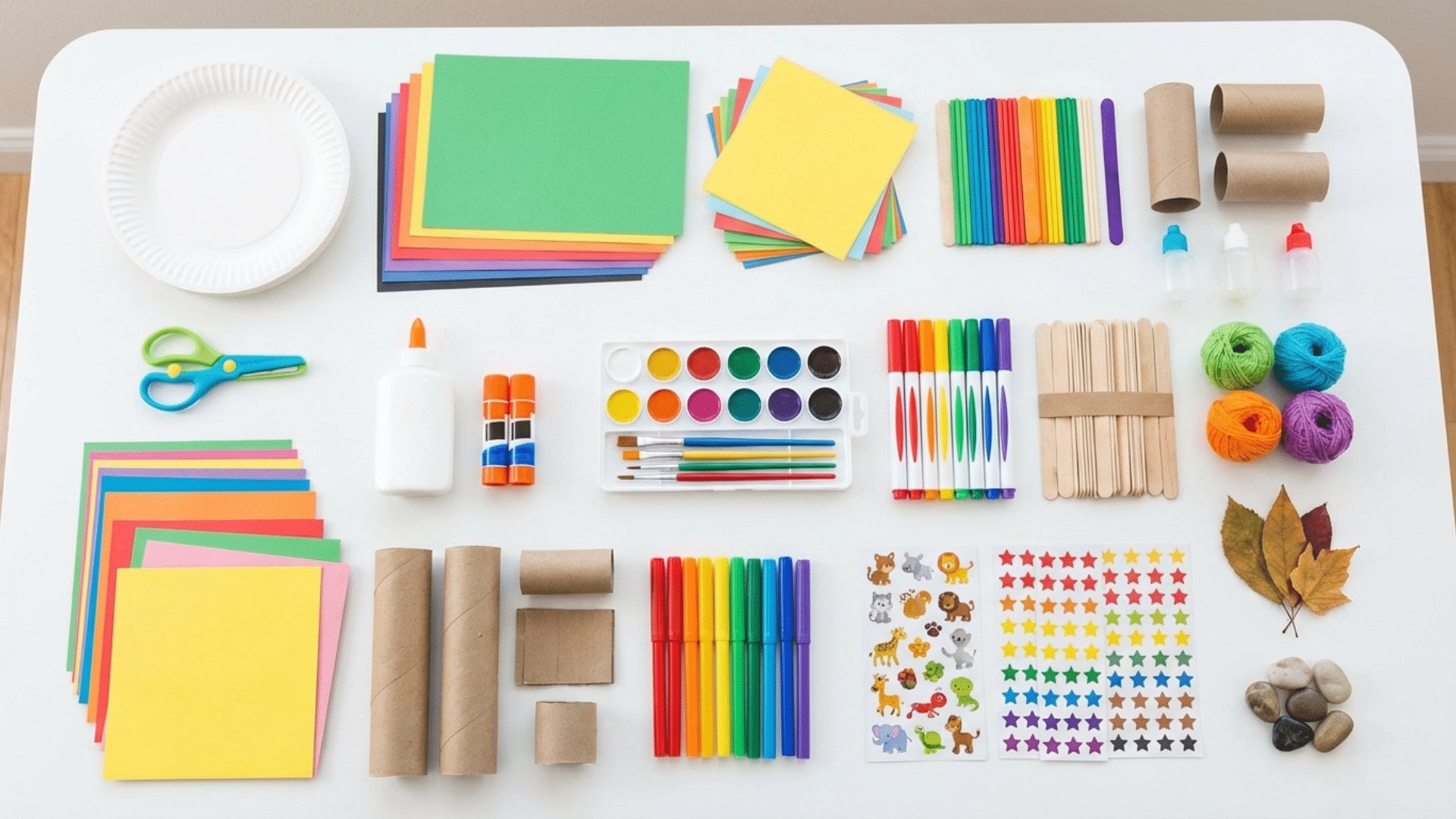 Flat lay of kids craft materials like paper, glue, paint, and recycled items arranged on a table