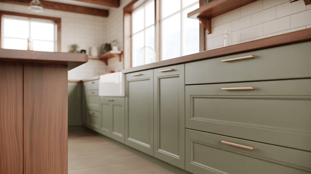 Flat panel sage green cabinets paired with wood accents in a modern rustic kitchen