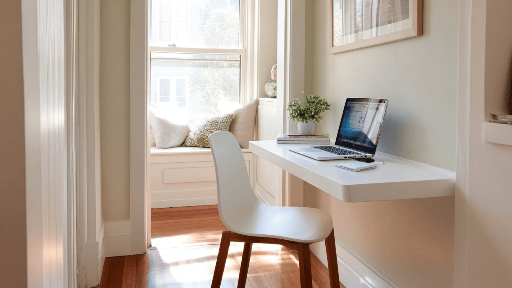 Floating desk setup in small home office with clean open space
