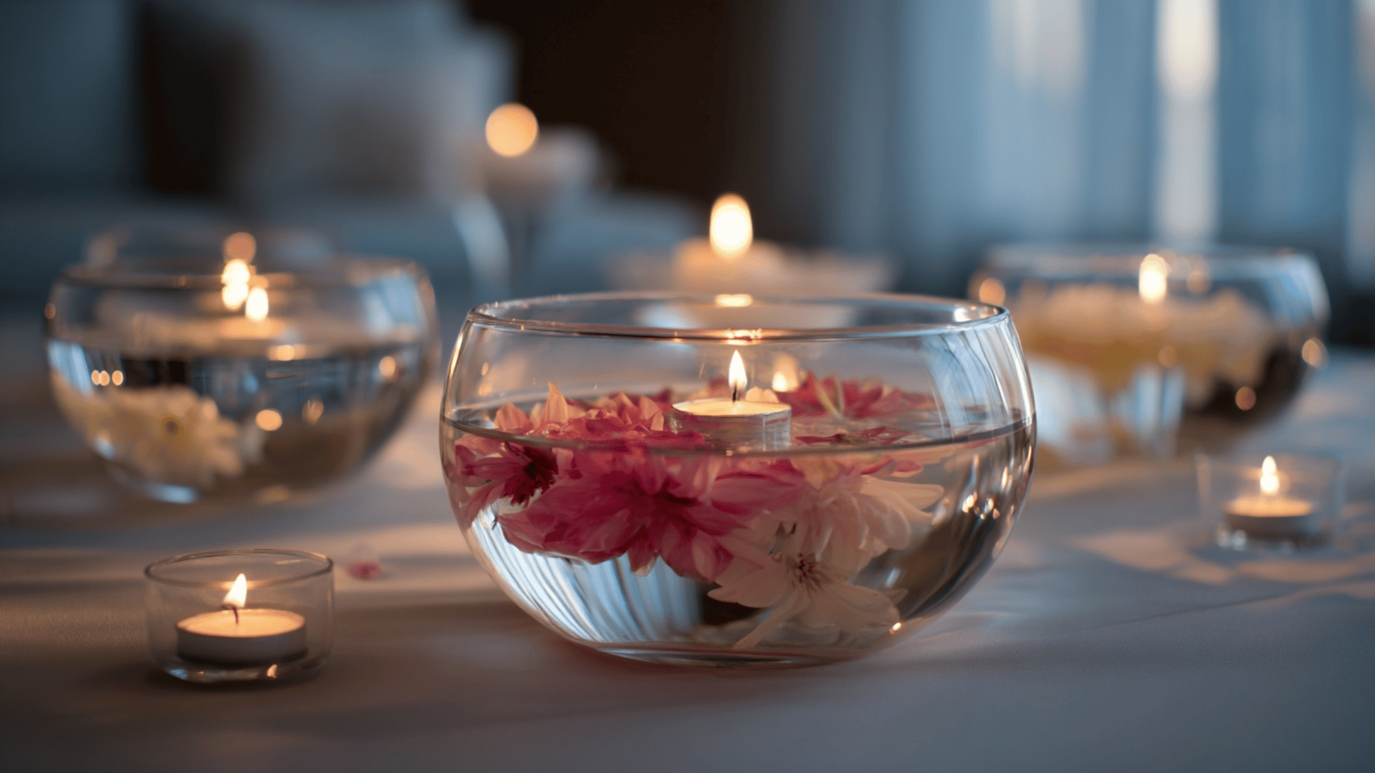 Floating petals and candles in clear water bowls