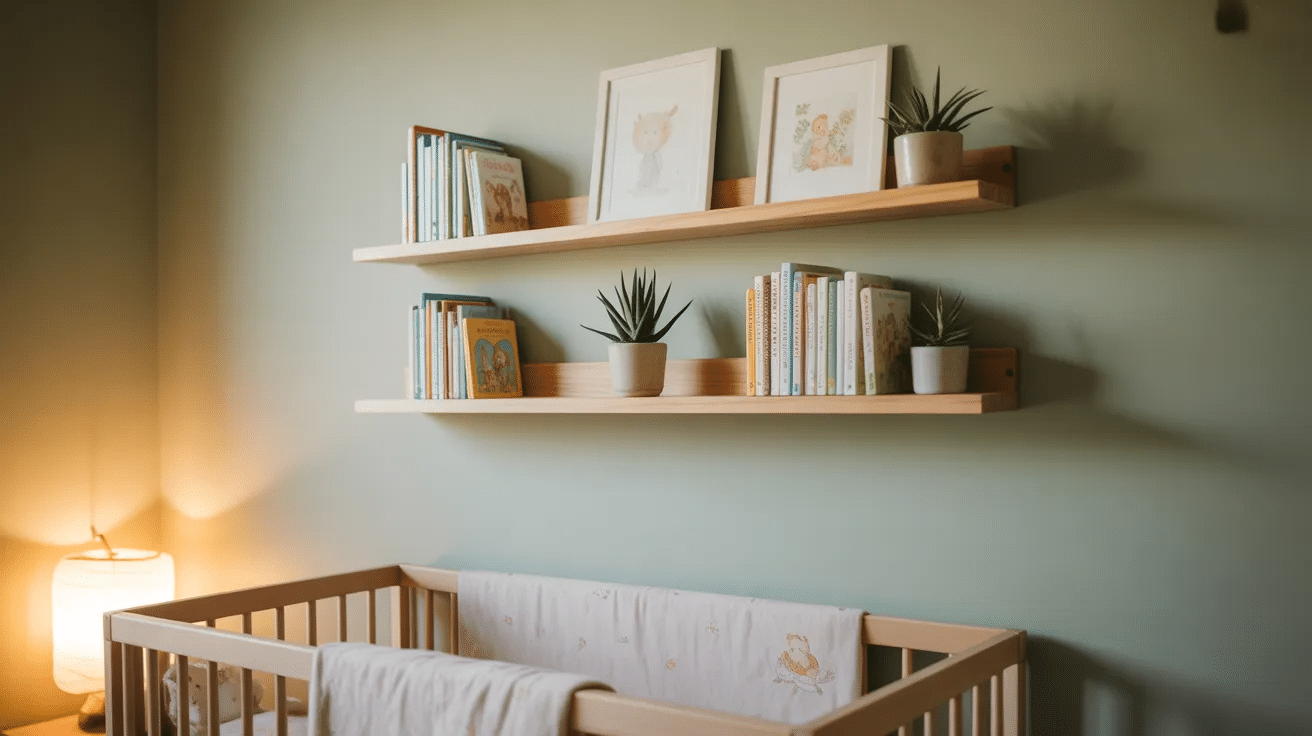 Floating shelves installed above crib in small nursery.