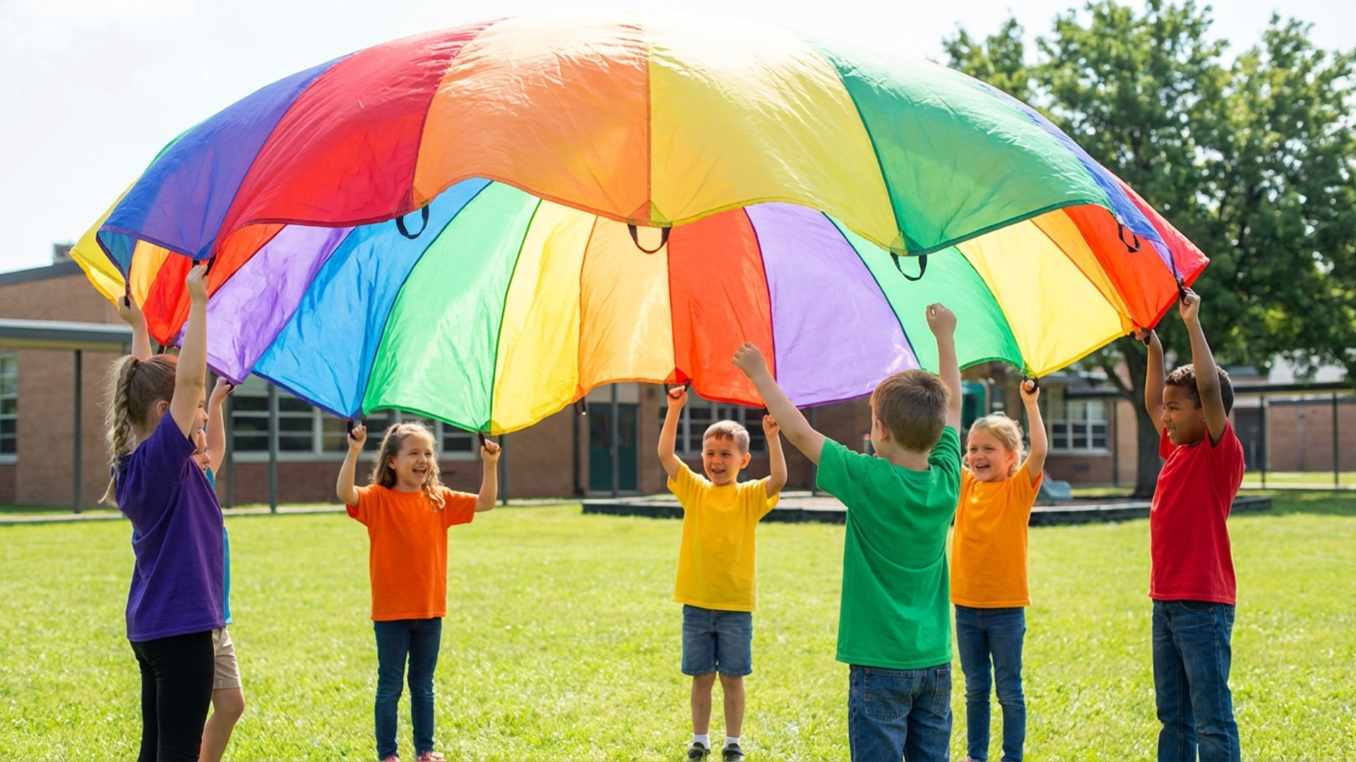 Four children lifting a colorful parachute to make a mushroom shape during a classic parachute game