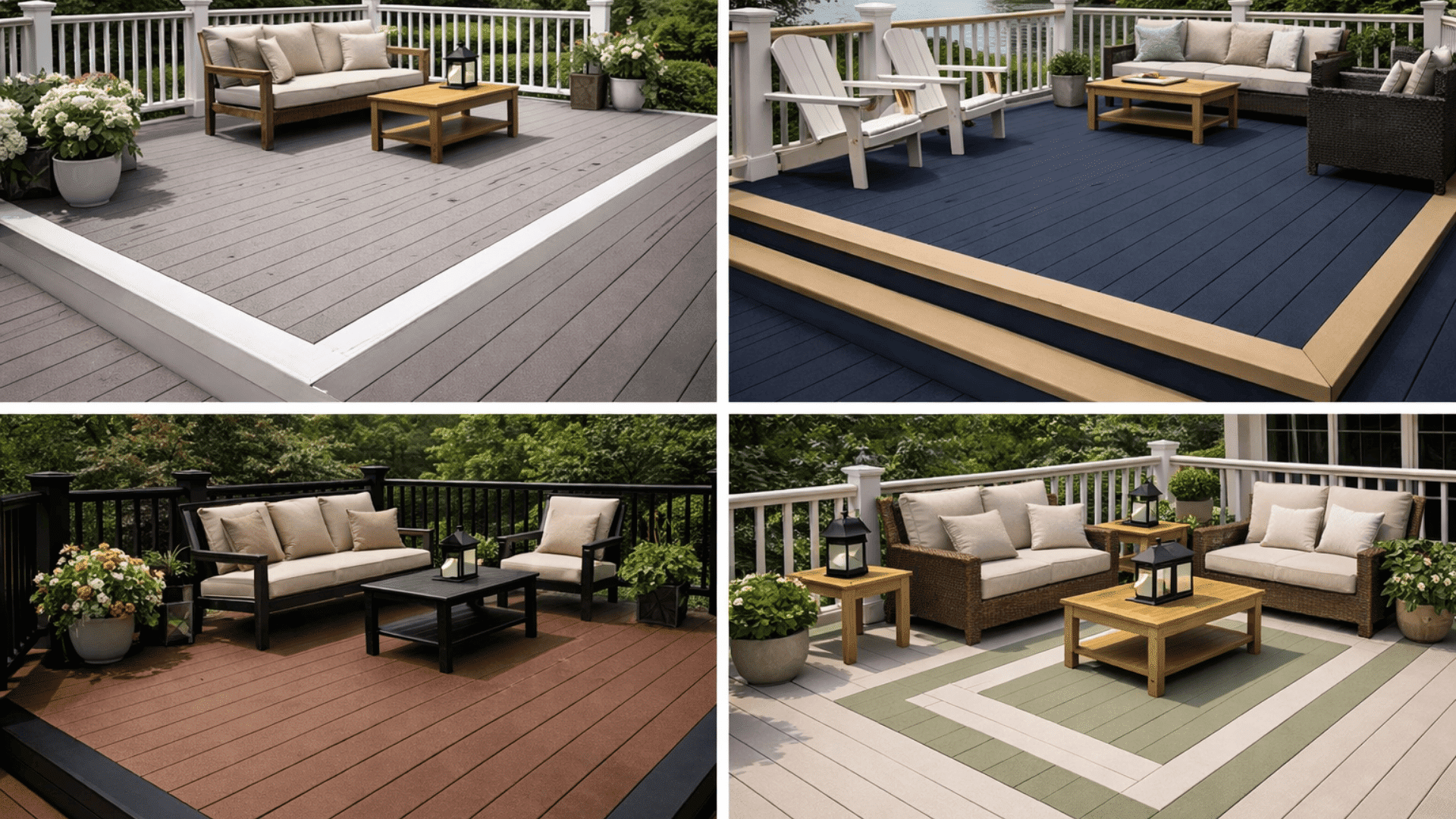Four deck designs with two-tone color schemes, featuring gray and white, navy and tan, brown with black, and white with sage pattern