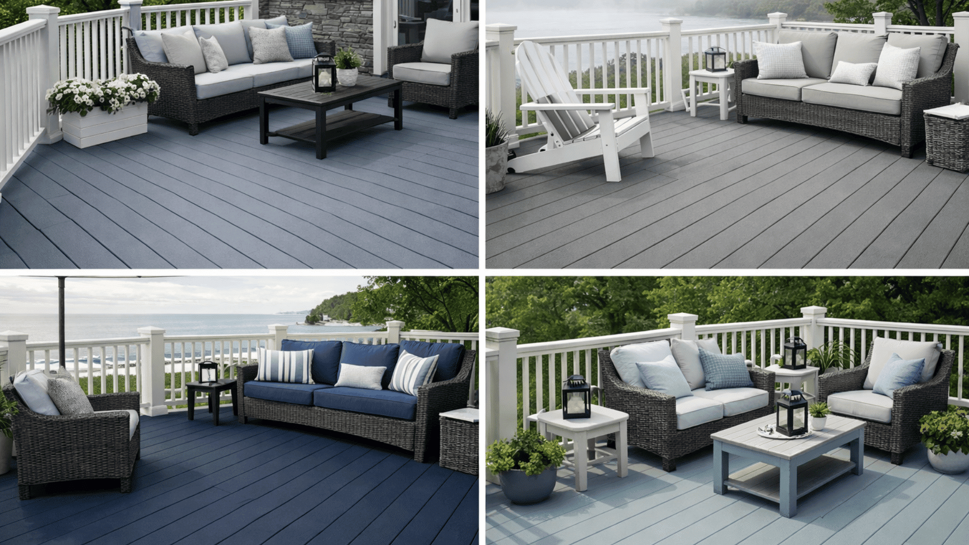 Four deck scenes in cool blue-gray tones, featuring slate, fog gray, navy, and mist finishes with coastal-style outdoor seating