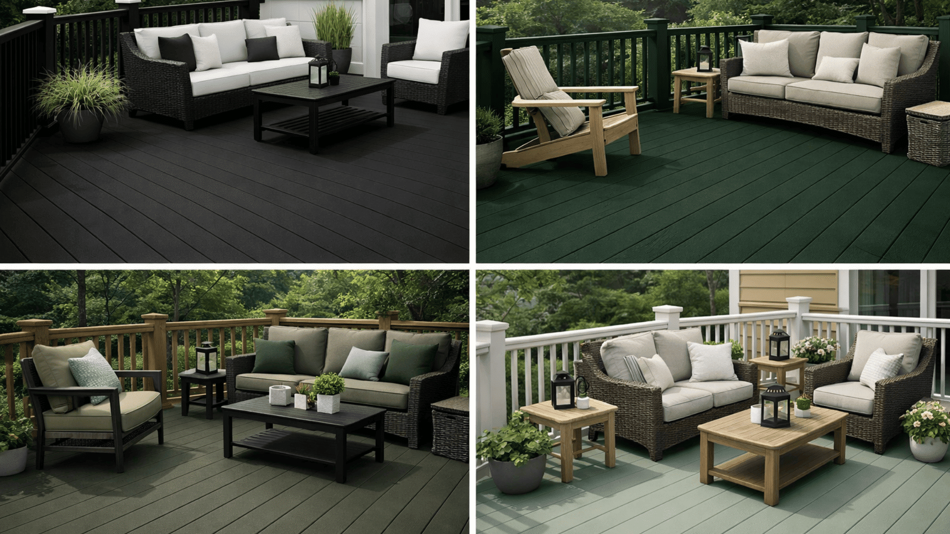 Four deck styles in matte black and green tones, featuring modern, garden, industrial, and soft sage outdoor seating setups