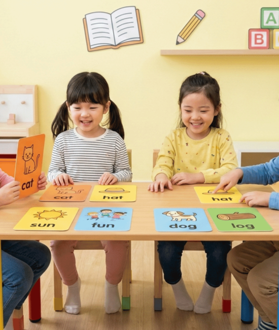 Four happy young children sit at a wooden table participating in an engaging with rhyming words for kids.