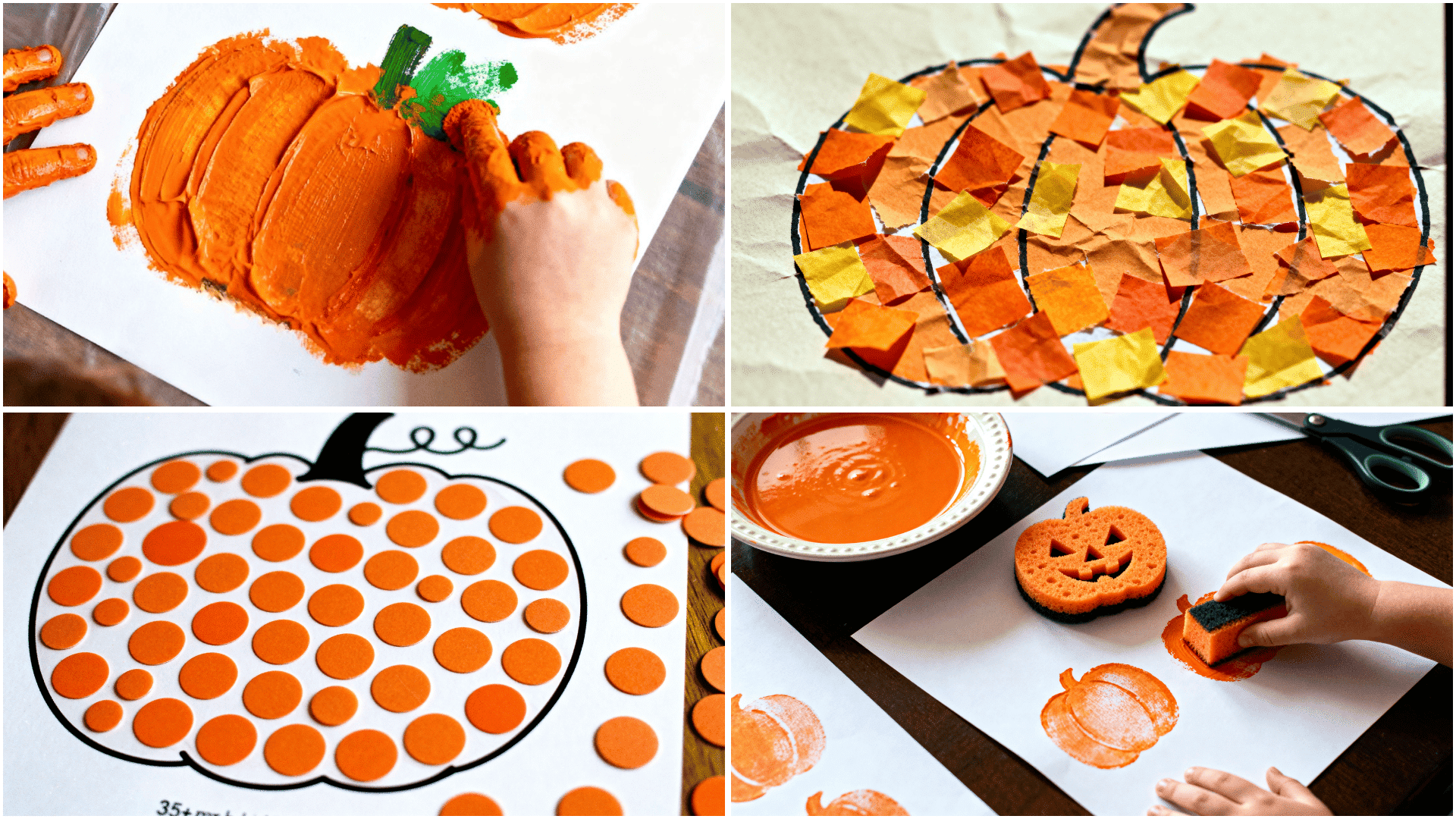 Four kids pumpkin crafts finger-painted pumpkin, tissue paper mosaic pumpkin, orange dot sticker pumpkin, and sponge stamp pumpkin prints.