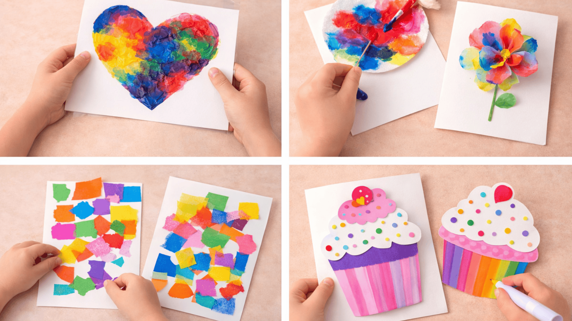 Four-panel collage of kids making Mother’s Day cards painted heart, coffee filter flower, paper collage, and cupcake design on beige background.