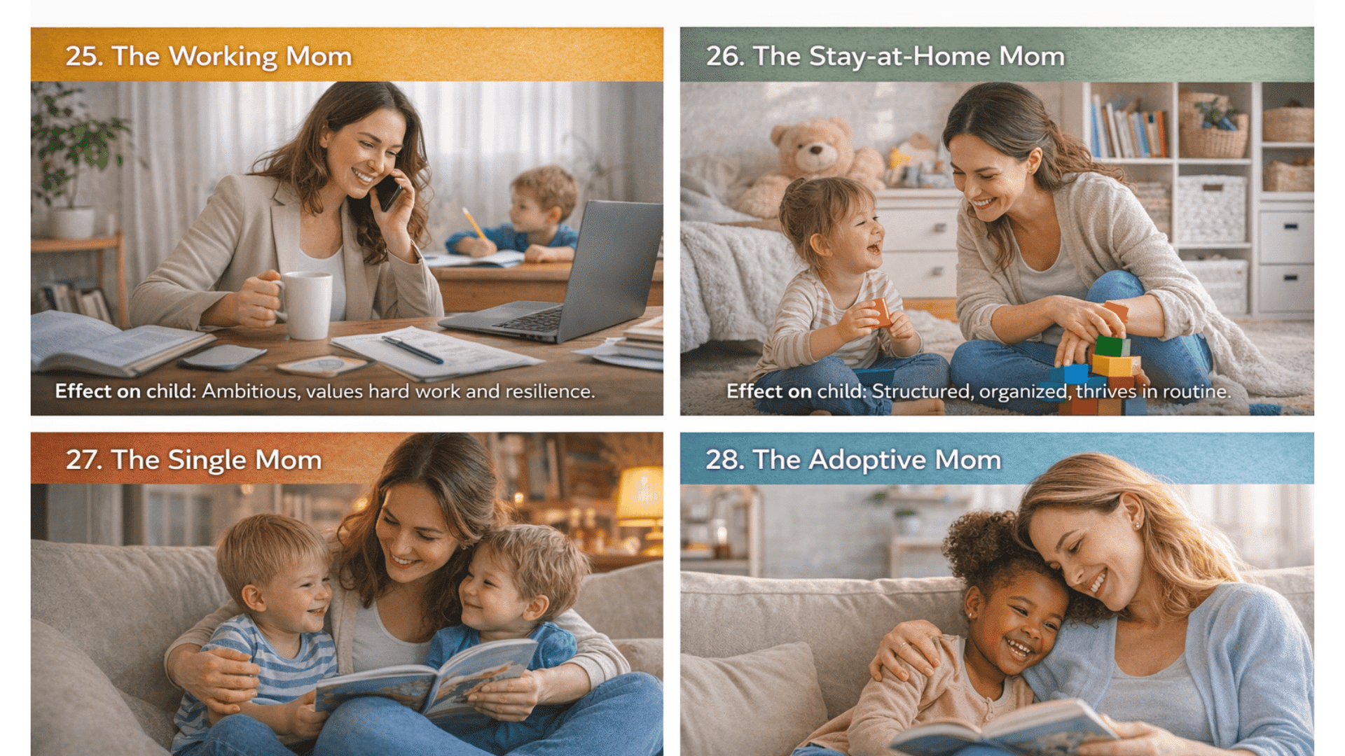 Four-panel collage of moms balancing work, home caregiving, single parenting, and adoptive bonding in warm family moments.