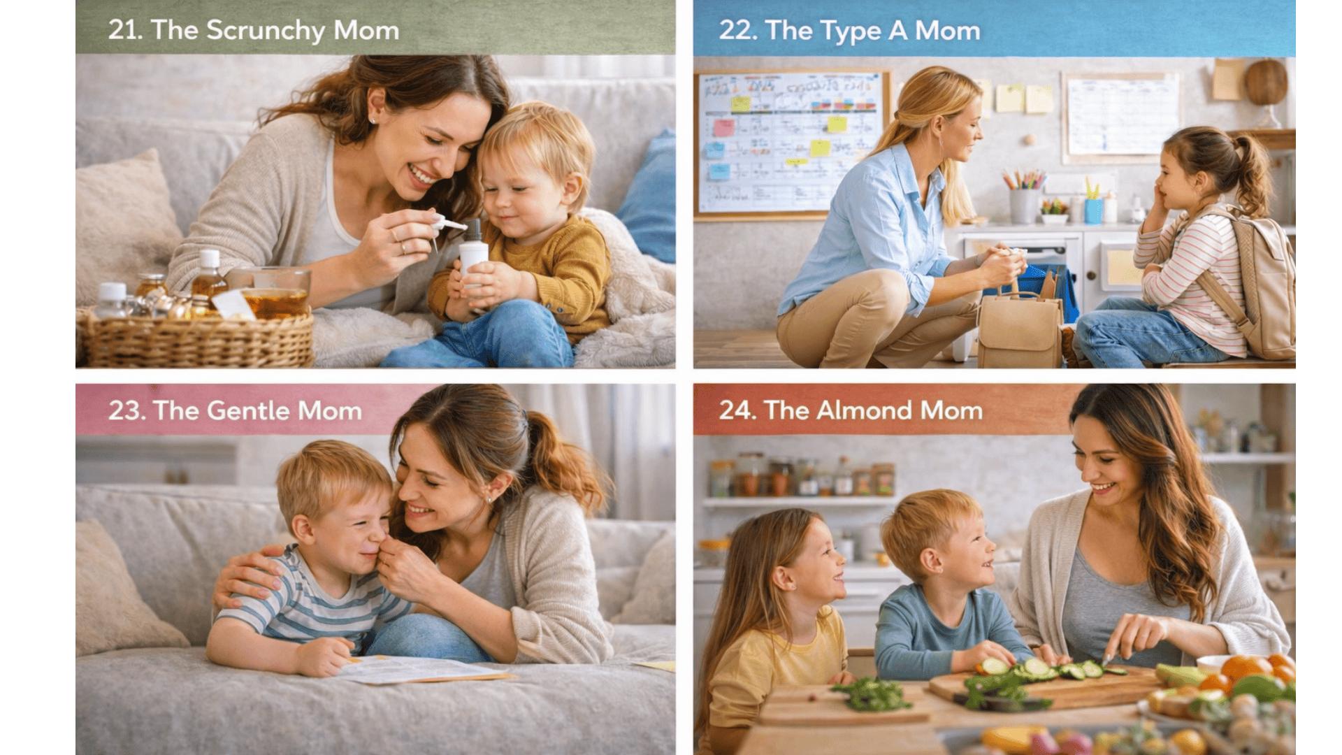 Four-panel collage of moms flexible care, organized routine, gentle emotional support, and healthy lifestyle moments with children.
