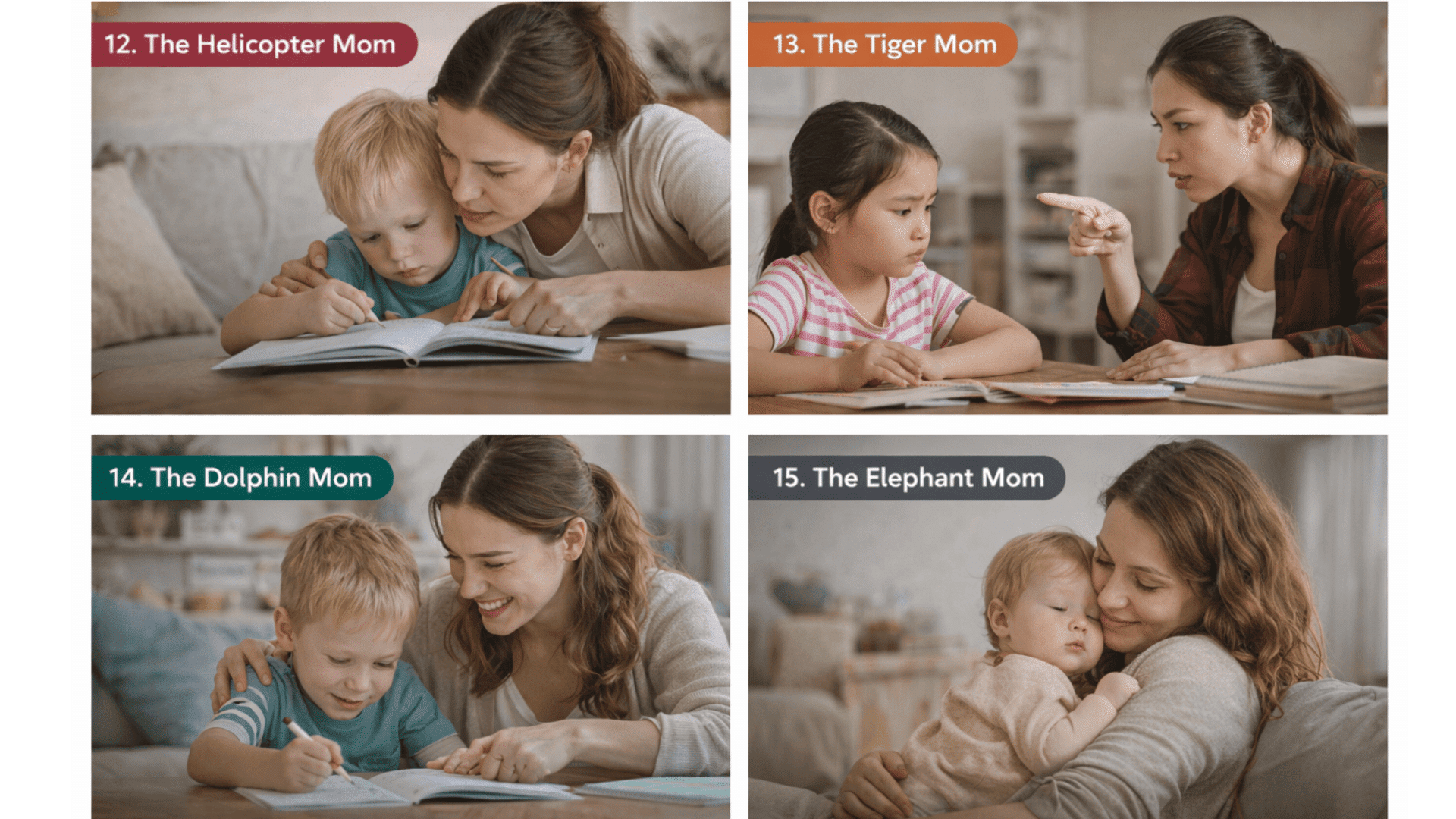Four-panel collage of moms parenting attentive help, strict discipline, guided support, and warm nurturing moments with children.