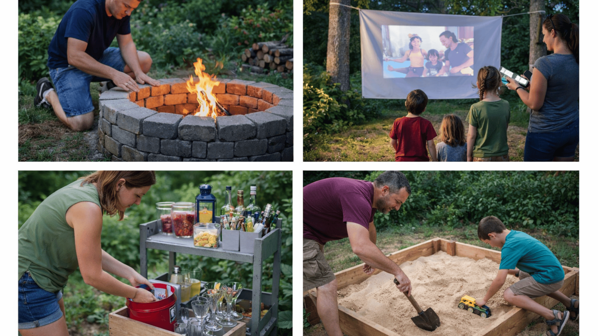 Four-panel collage of people building a fire pit, setting up outdoor movie screen, arranging a drink station, and making a kids sandbox