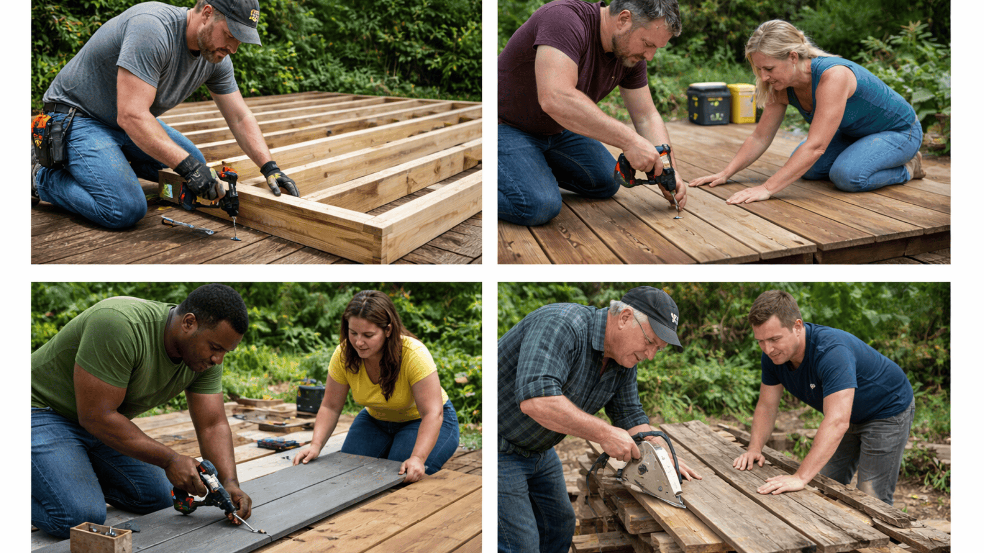 Four-panel collage of people building a floating deck, installing decking boards, using composite planks, and cutting reclaimed wood outdoors