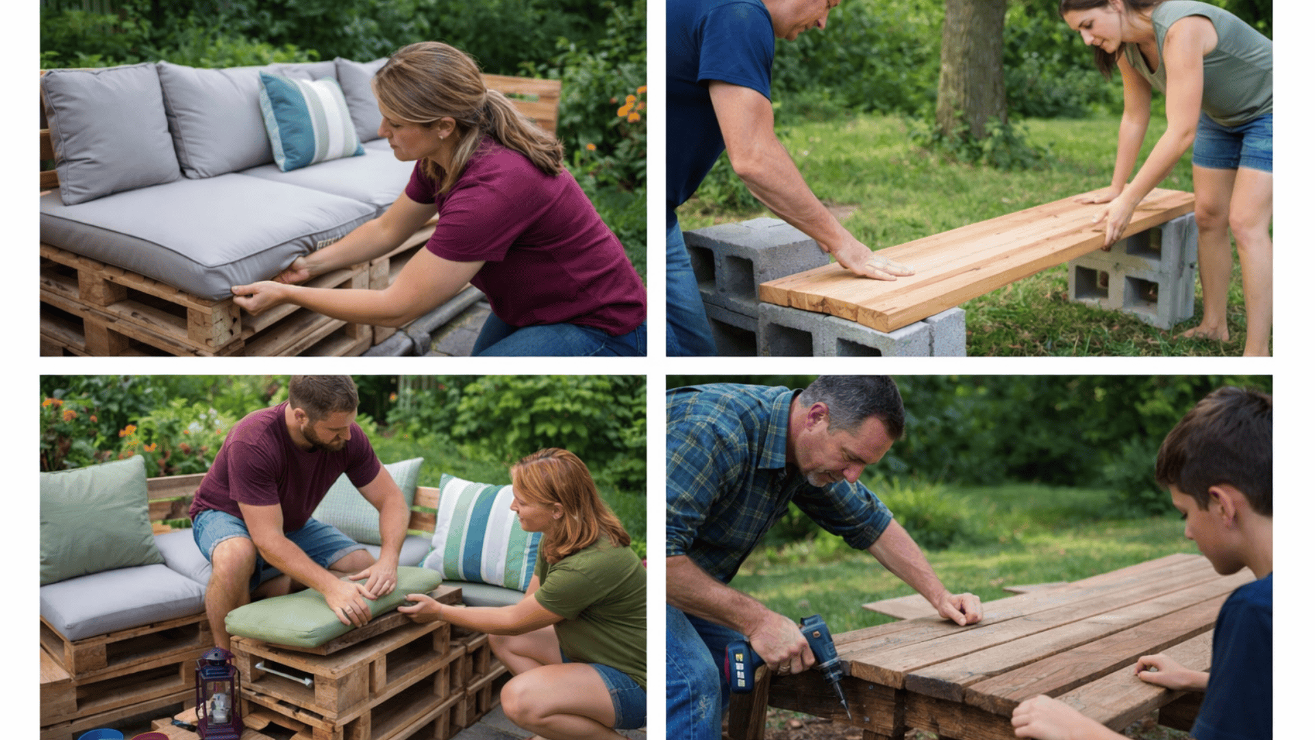 Four-panel collage of people building pallet seating, cinder block bench, crate seating, and a reclaimed wood picnic table outdoors