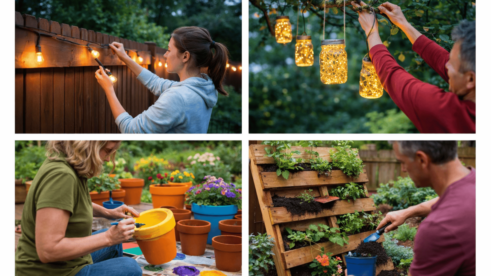 Four-panel collage of people hanging string lights, mason jar lanterns, painting pots, and building a vertical pallet garden outdoors