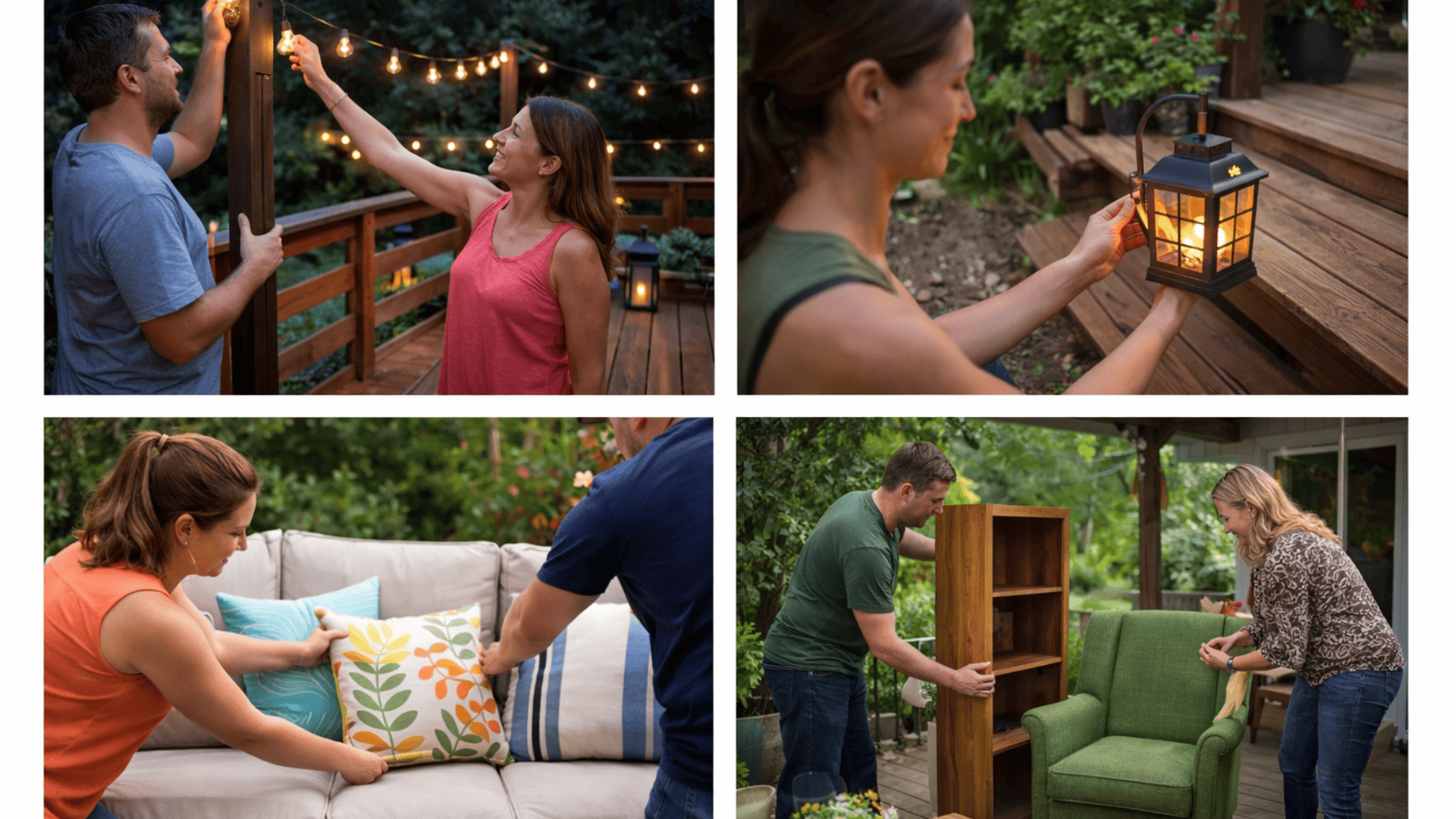 Four-panel collage of people hanging string lights, placing lanterns, arranging pillows, and moving indoor furniture to an outdoor deck