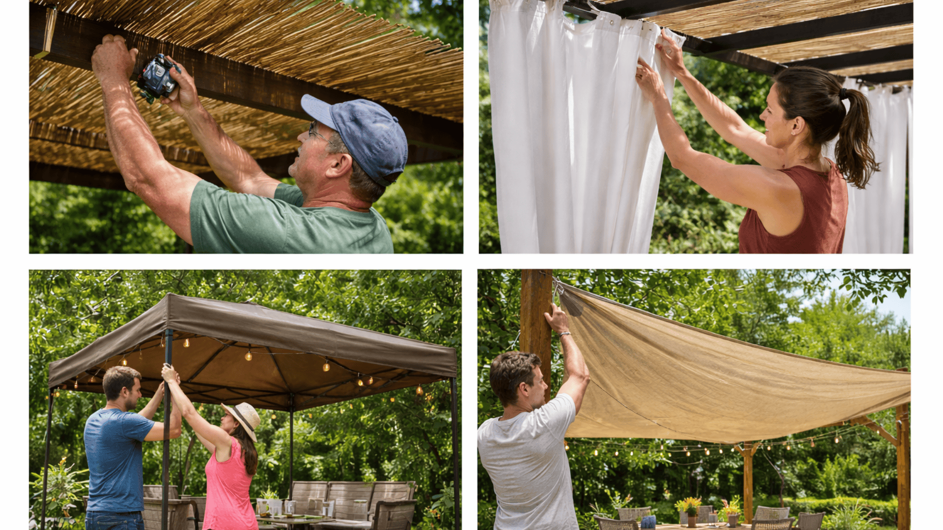 Four-panel collage of people installing bamboo roof, hanging curtains, setting up canopy cover, and securing tarp for backyard shade