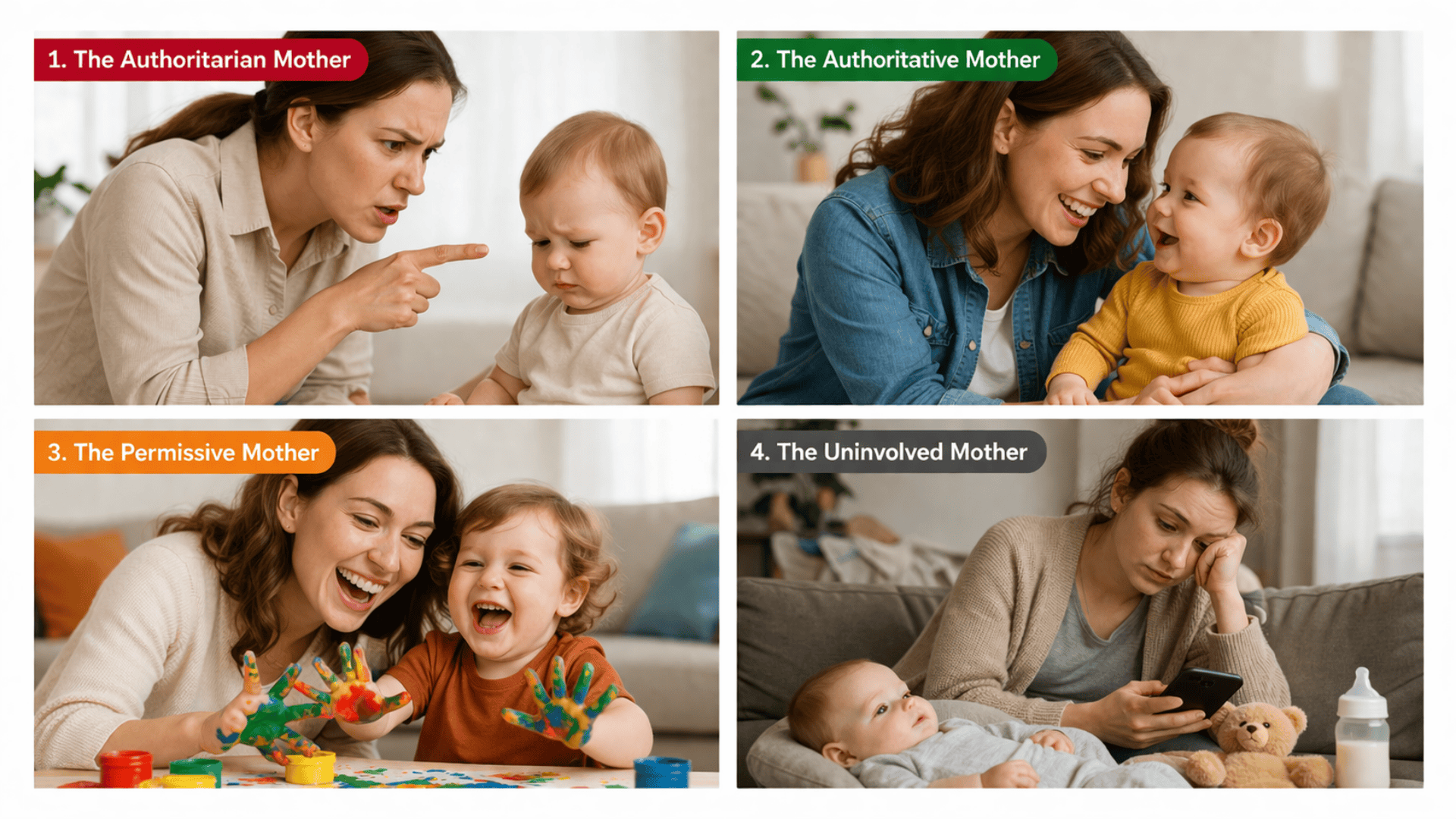 Four-panel collage showing authoritarian, authoritative, permissive, and uninvolved mothers interacting with their children in home settings.