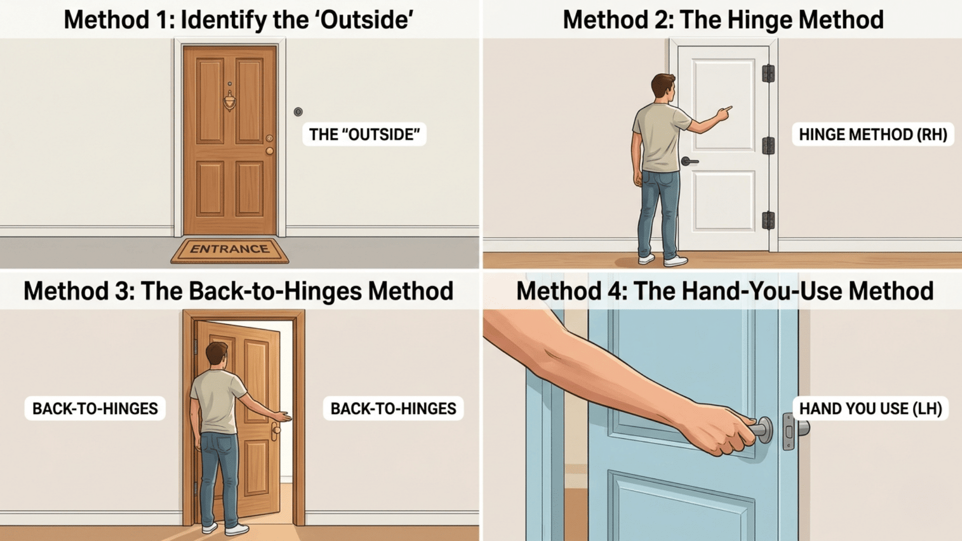 _Four-panel guide to door swing 1. Identify outside, 2. Check hinge side, 3. Stand with back to hinges, 4. Note hand used.