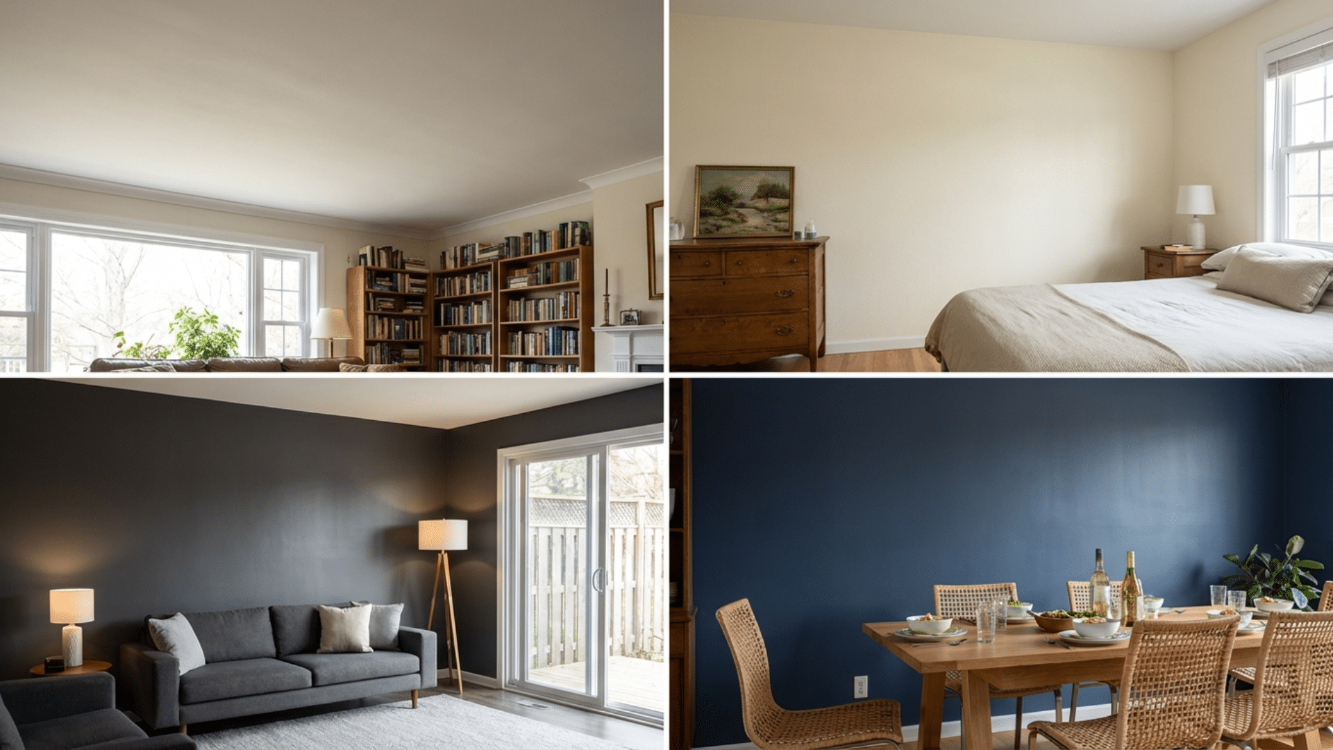 Four room collage showing flat paint on ceilings and matte paint on living and bedroom walls for best use cases