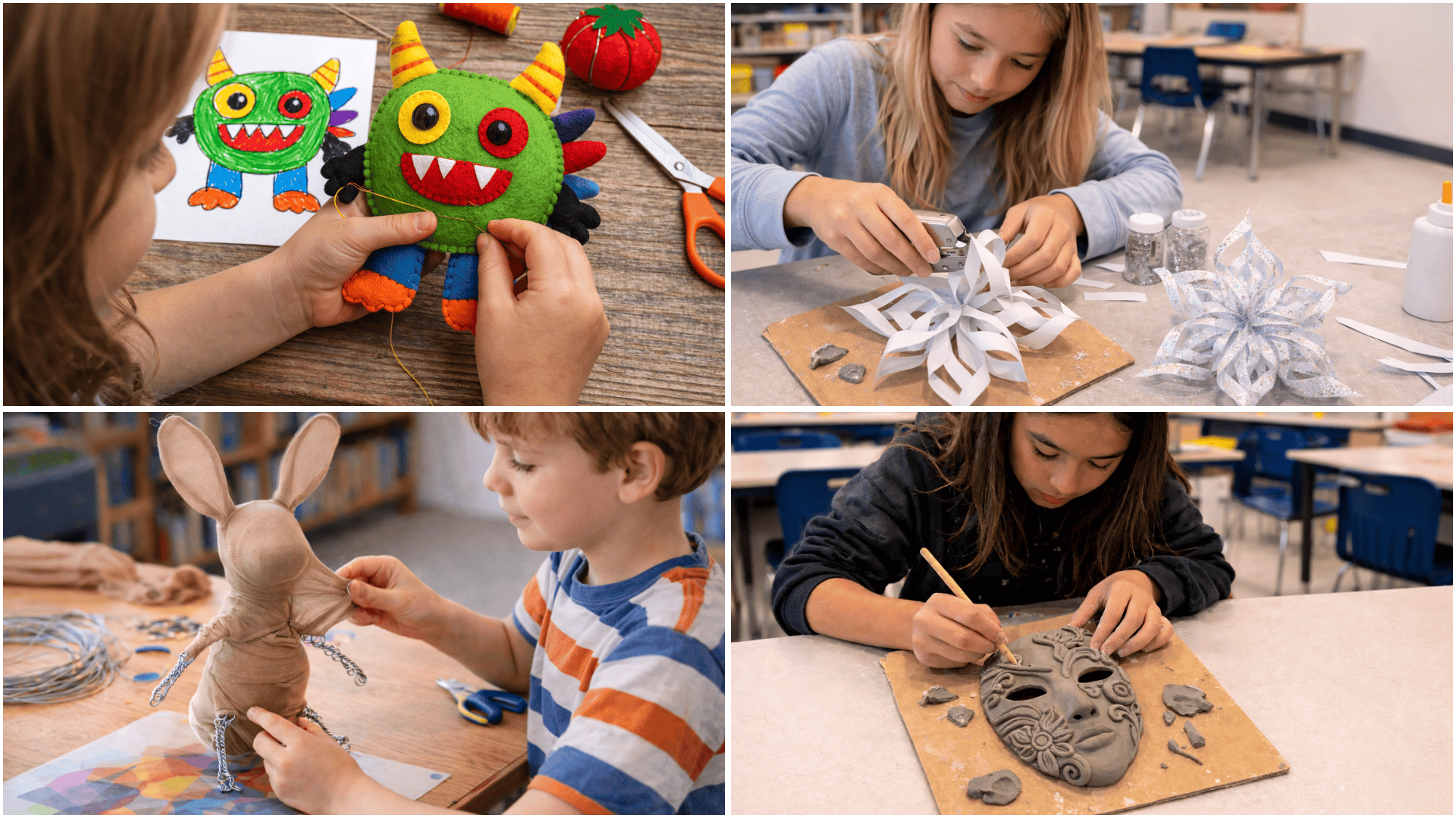 Four students doing classroom crafts sewing a felt monster, making a paper snowflake, sculpting a bunny, and carving a clay mask.