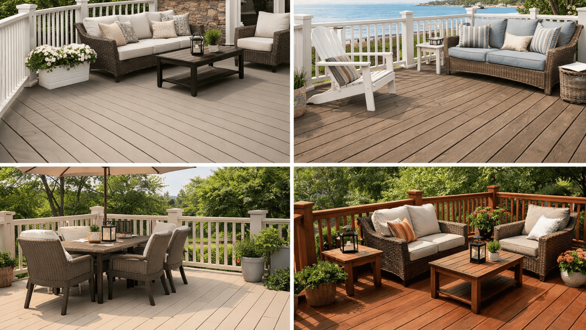 Four stylish deck spaces in neutral tones, featuring greige, driftwood brown, sandstone beige, and cedar finishes with outdoor seating