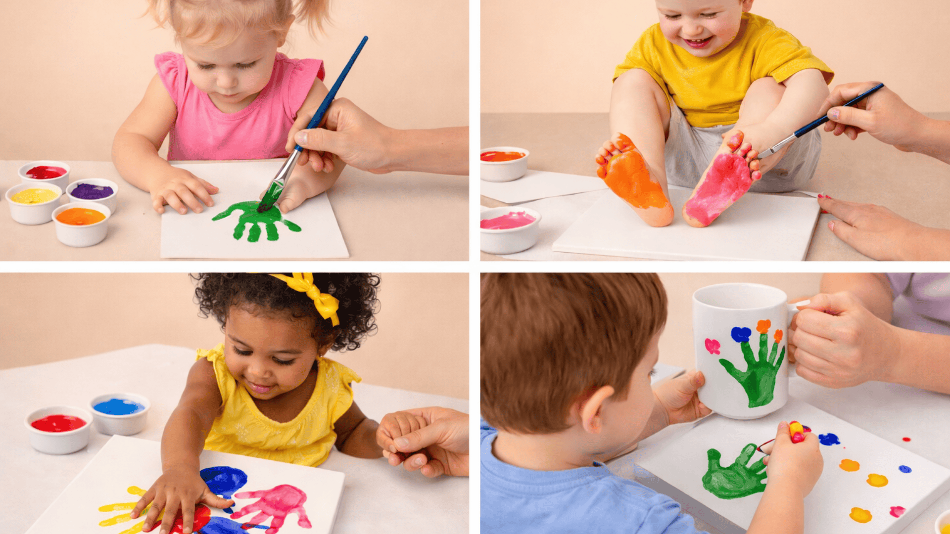 Four toddlers make Mother’s Day handprint and footprint crafts in a 4-panel collage on a soft beige background.
